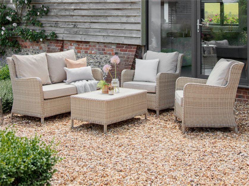 Chedworth Sandstone Rattan 2 Seater Sofa with Rectangle Coffee Table & 2 Armchairs